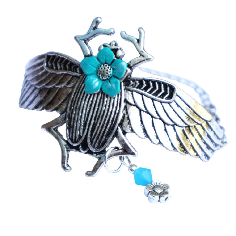 NEW Adjustable Silver Scarab Cuff Bracelet Painted Flower Bohemian Jewelry